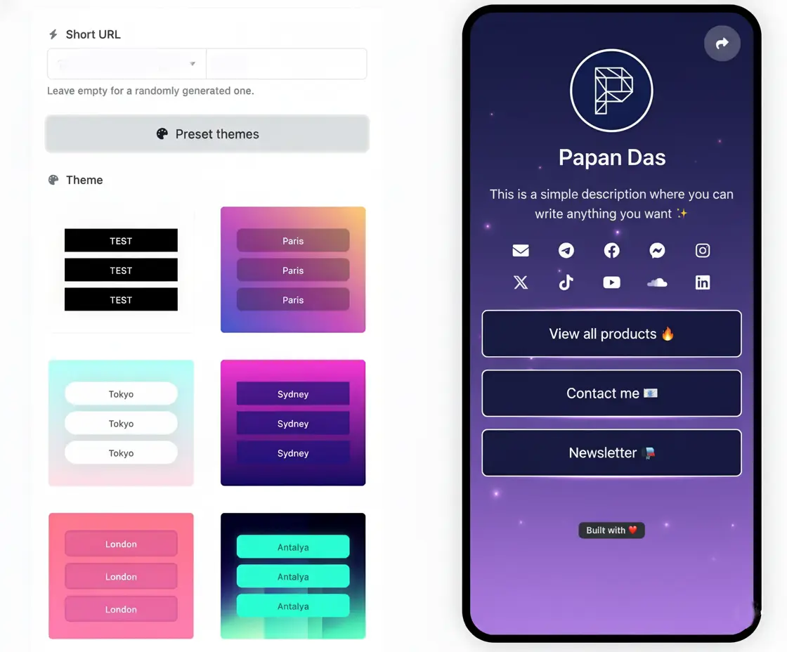 Screenshot of the app biolink editing page